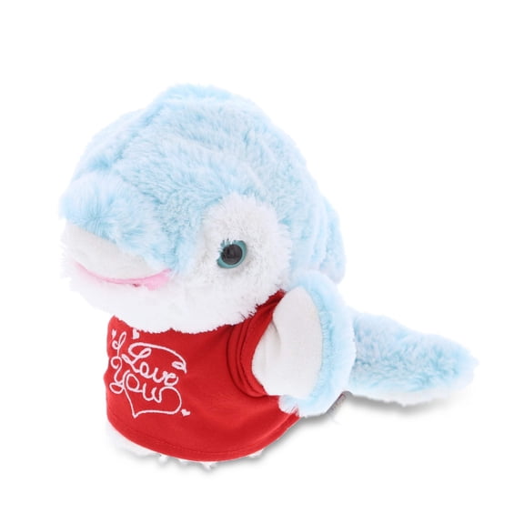 DolliBu I LOVE YOU Super Soft Plush Dolphin Hand Puppet - Stuffed Animal with Red Shirt For Valentine, Anniversary, Romantic Date, Cute Ocean Life Plush Toy Gift For Boyfriend or Girlfriend - 13"