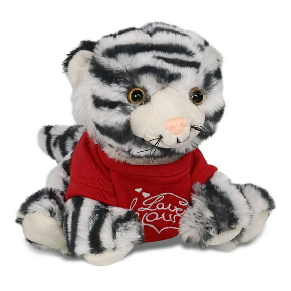 DolliBu I LOVE YOU Super Soft Squat White Tiger Plush- Stuffed Squat White Tiger Animal with Red Shirt For Valentine, Anniversary, Romantic Date, Boyfriend, or Girlfriend Gift - 8 inches