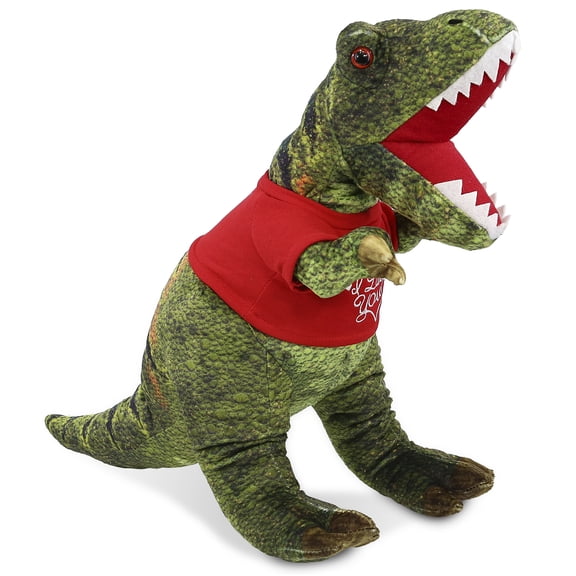 DolliBu I LOVE YOU Tyrannosaurus Rex Dinosaur Plush- Cute Dinosaur Plush Stuffed Animal with I Love You Red Shirt For Valentine, Anniversary, Romantic Date, Boyfriend, or Girlfriend Gift - 16 Inches