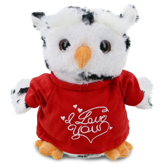 DolliBu I LOVE YOU White Owl Plush with Clothes - Cute Stuffed Animal with Red Shirt For Valentine, Anniversary, Romantic Date, Boyfriend, or Girlfriend Gift - 8.5 Inch