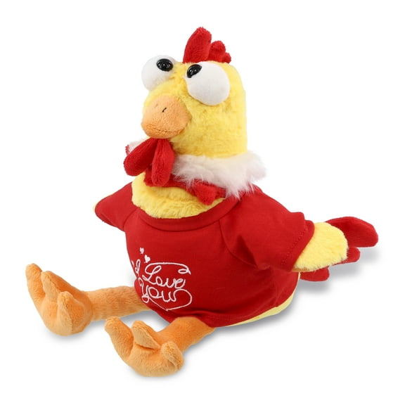 DolliBu I LOVE YOU Yellow Rooster Plush - Cute Stuffed Animal with Red Shirt For Valentine, Anniversary, Romantic Date, Boyfriend, or Girlfriend Gift - 10.5 Inches