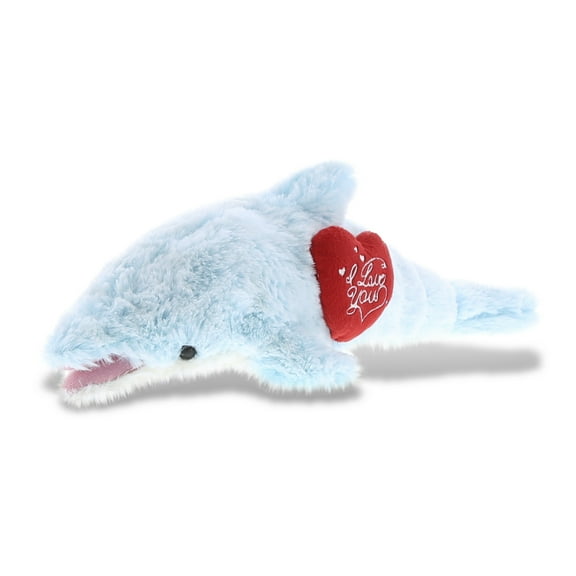 DolliBu I Love You Blue Dolphin Plush Stuffed Animal with Heart - 14 inches