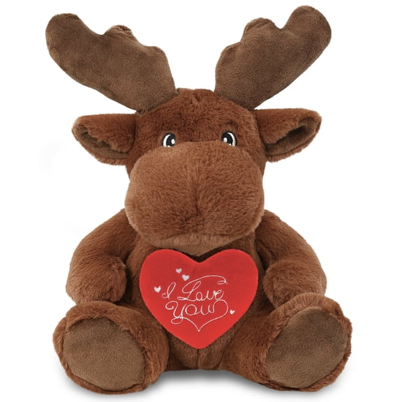 DolliBu I Love You Plush Eco-Friendly Moose - Cute Stuffed Animal Moose with Red Heart Plush for Valentines, Anniversary, Romantic Date, Boyfriend, or Girlfriend Gift - 9 Inches