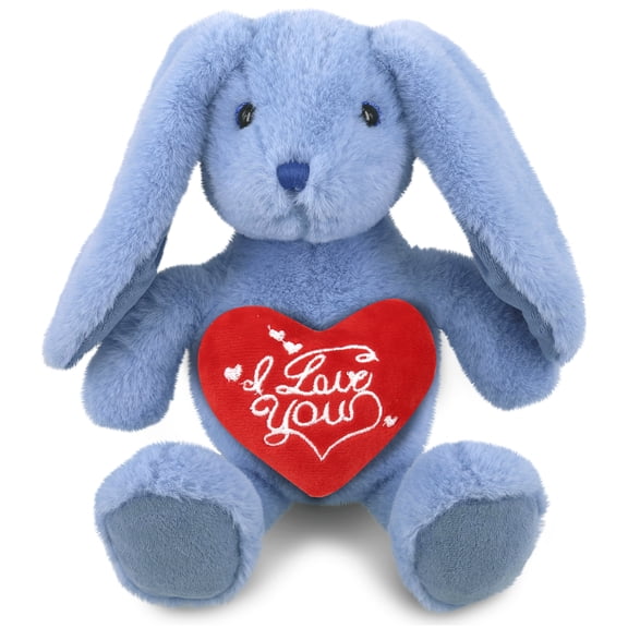 DolliBu I Love You Plush Super Soft Baby Blue Rabbit - Cute Stuffed Animal Blue Rabbit with Red Heart Plush for Valentines, Anniversary, Romantic Date, Boyfriend, or Girlfriend Gift - 8 Inches