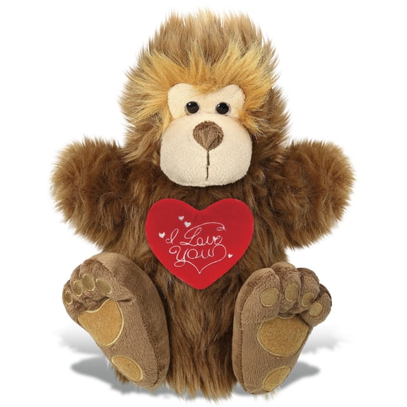 DolliBu I Love You Plush Super Soft Big Foot Hand Puppet - Cute Stuffed Animal Big Foot with Red Heart Plush for Valentines, Anniversary, Romantic Date, Boyfriend, or Girlfriend Gift - 10 Inches