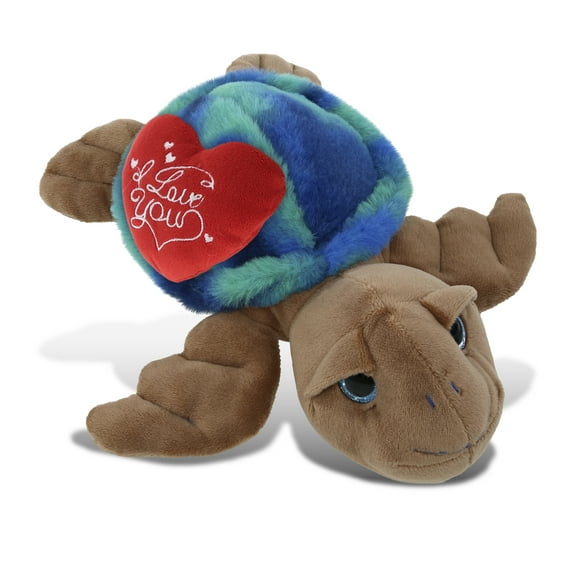 DolliBu I Love You Plush Super Soft Blue Tie-Dye Brown Sea Turtle - Cute Stuffed Animal Turtle with Red Heart Plush for Valentines, Anniversary, Romantic Date, Boyfriend, or Girlfriend Gift - 10 Inch