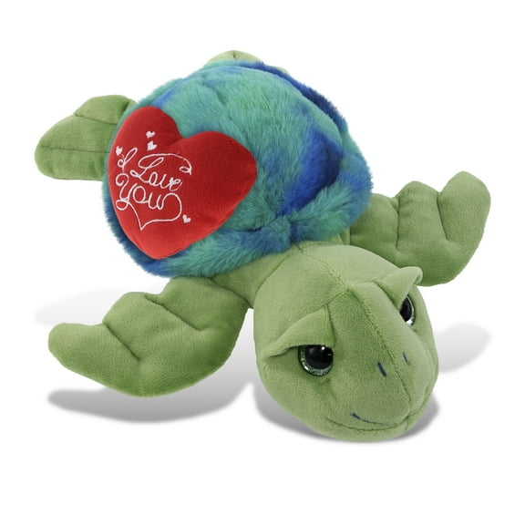 DolliBu I Love You Plush Super Soft Blue Tie-Dye Green Sea Turtle - Cute Stuffed Animal Turtle with Red Heart Plush for Valentines, Anniversary, Romantic Date, Boyfriend, or Girlfriend Gift - 10 Inch