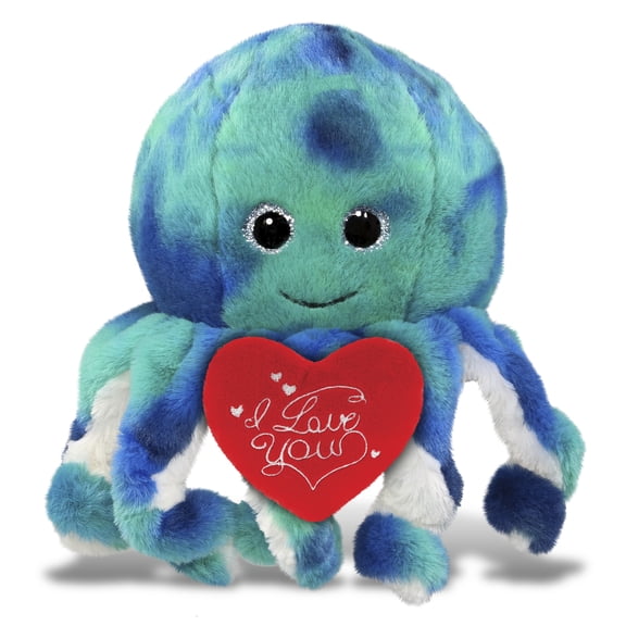 DolliBu I Love You Plush Super Soft Blue Tie-Dye Octopus - Cute Stuffed Animal Octopus with Red Heart Plush for Valentines, Anniversary, Romantic Date, Boyfriend, or Girlfriend Gift - 10 Inches