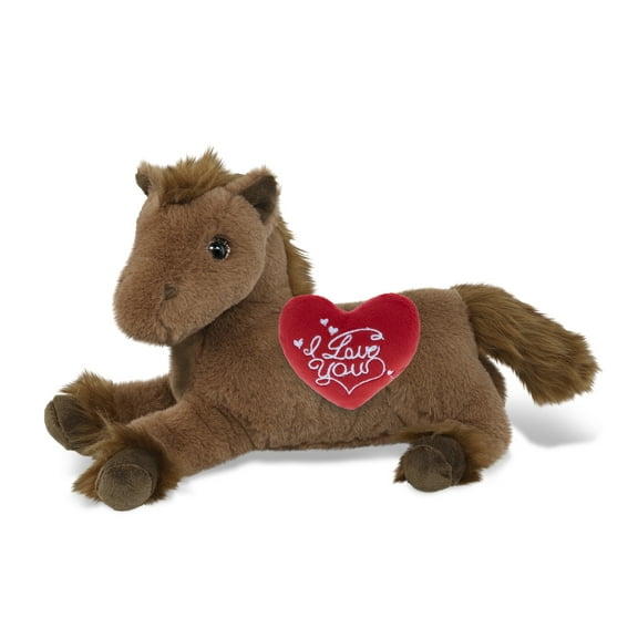 DolliBu I Love You Plush Super Soft Fancy Laying Brown Horse - Cute Stuffed Animal Horse with Red Heart Plush for Valentines, Anniversary, Romantic Date, Boyfriend, or Girlfriend Gift - 10 Inches