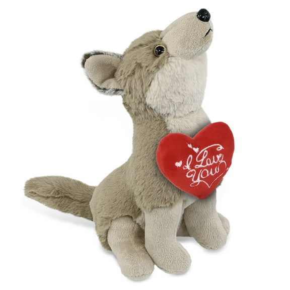 DolliBu I Love You Plush Super Soft Howling Wolf - Cute Stuffed Animal Wolf with Red Heart Plush for Valentines, Anniversary, Romantic Date, Boyfriend, or Girlfriend Gift - 8.5 Inches
