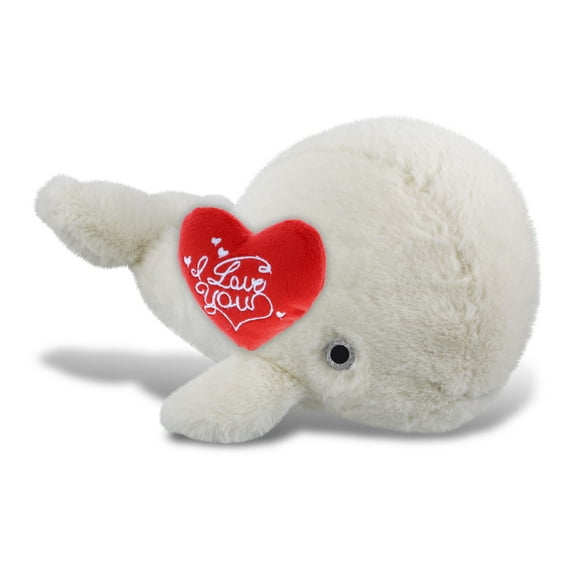 DolliBu I Love You Plush Super Soft Large White Whale - Cute Stuffed Animal Whale with Red Heart Plush for Valentines, Anniversary, Romantic Date, Boyfriend, or Girlfriend Gift - 13 Inches