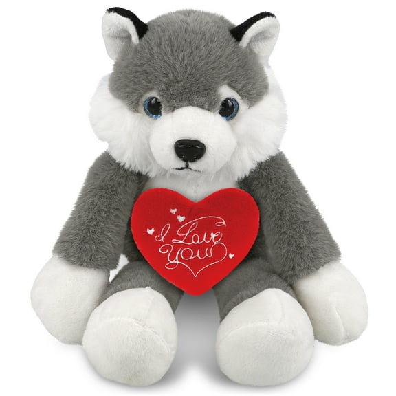 DolliBu I Love You Plush Super Soft Long Leg Husky - Cute Stuffed Animal Husky with Red Heart Plush for Valentines, Anniversary, Romantic Date, Boyfriend, or Girlfriend Gift - 10.5 Inches