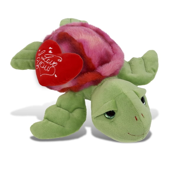 DolliBu I Love You Plush Super Soft Pink Tie-Dye Green Sea Turtle - Cute Stuffed Animal Turtle with Red Heart Plush for Valentines, Anniversary, Romantic Date, Boyfriend, or Girlfriend Gift - 10 Inch