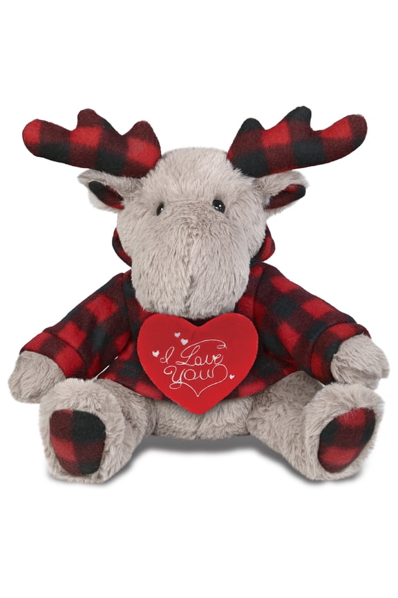 I Love You Plush Super Soft Plaid Beige Moose with Hoodie - Cute Stuffed Animal Moose with Red Heart Plush for Valentines, Anniversary, Romantic Date, Boyfriend, or Girlfriend Gift - 10 Inches