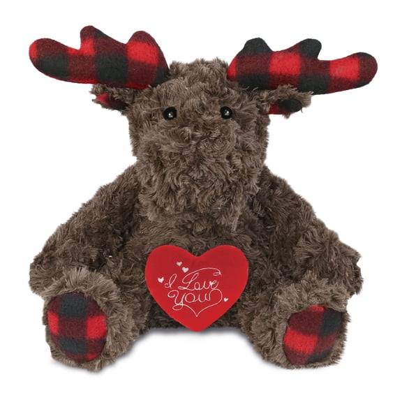 DolliBu I Love You Plush Super Soft Plaid Curly Moose - Cute Stuffed Animal Moose with Red Heart Plush for Valentines, Anniversary, Romantic Date, Boyfriend, or Girlfriend Gift - 10 Inches
