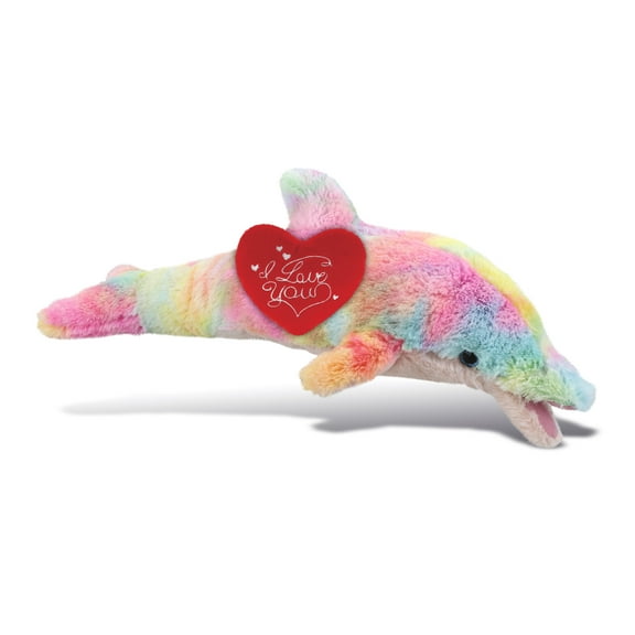 DolliBu I Love You Plush Super Soft Rainbow Dolphin - Cute Stuffed Animal Dolphin with Red Heart Plush for Valentines, Anniversary, Romantic Date, Boyfriend, or Girlfriend Gift - 14 Inches