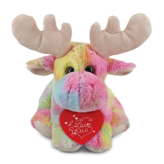 DolliBu I Love You Plush Super Soft Rainbow Floppy Moose - Cute Stuffed Animal Moose with Red Heart Plush for Valentines, Anniversary, Romantic Date, Boyfriend, or Girlfriend Gift - 9 Inches