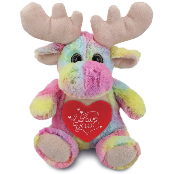 DolliBu I Love You Plush Super Soft Rainbow Moose - Cute Stuffed Animal Moose with Red Heart Plush for Valentines, Anniversary, Romantic Date, Boyfriend, or Girlfriend Gift - 9 Inches