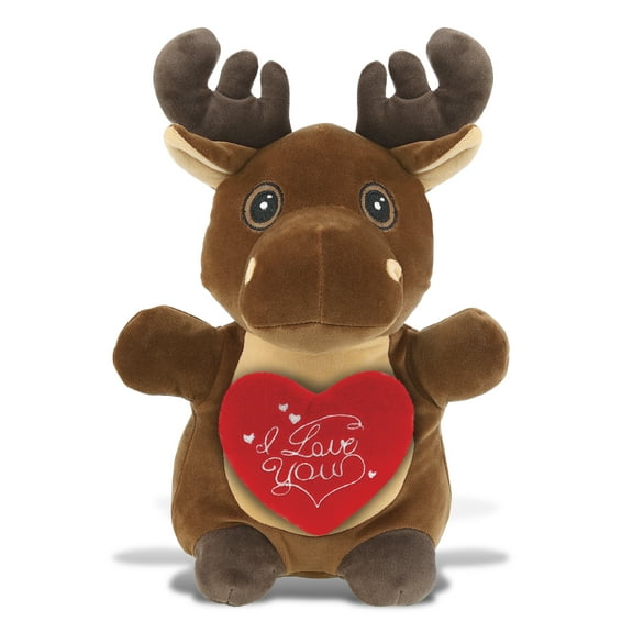 DolliBu I Love You Plush Super Soft Snug-Mooshies Standing Moose - Cute Stuffed Animal Moose with Red Heart Plush for Valentines, Anniversary, Romantic Date, Boyfriend, or Girlfriend Gift - 10 Inches