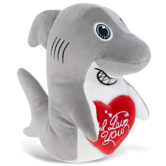 DolliBu I Love You Plush Super Soft Snug-Mooshies Standing Shark - Cute Stuffed Animal Shark with Red Heart Plush for Valentines, Anniversary, Romantic Date, Boyfriend, or Girlfriend Gift - 10 Inches