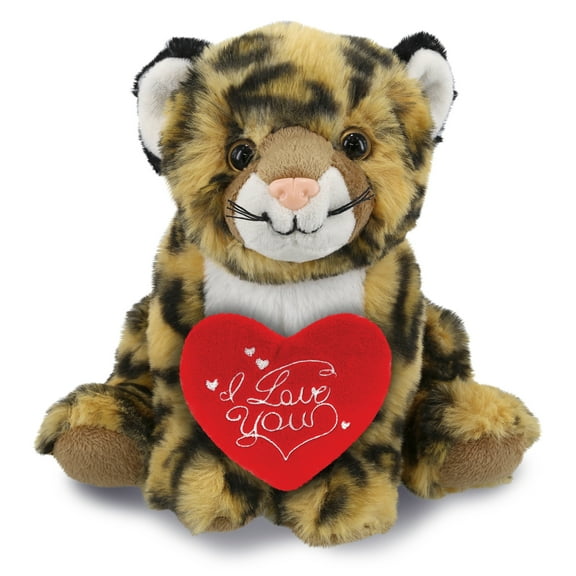 DolliBu I Love You Plush Super Soft Squat Leopard - Cute Stuffed Animal Leopard with Red Heart Plush for Valentines, Anniversary, Romantic Date, Boyfriend, or Girlfriend Gift - 8 Inches