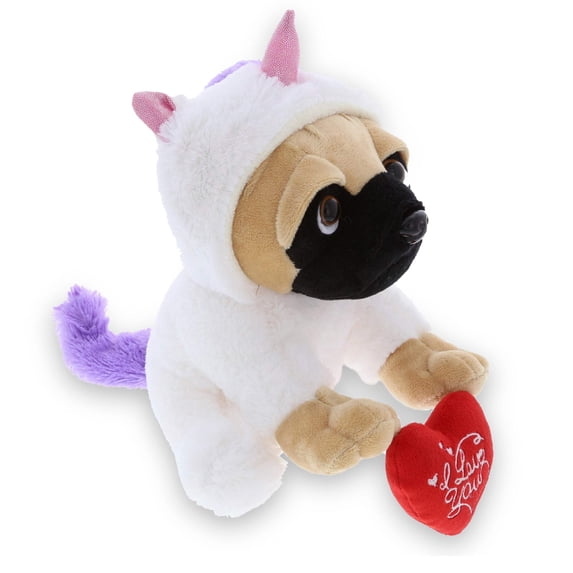 DolliBu I Love You Pug Dog Unicorn Plush Dog Stuffed Animal with Red Heart - 10 inches