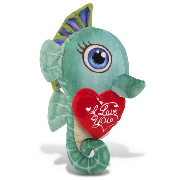 DolliBu I Love You Super Soft Plush Buddies Green Seahorse - Cute Stuffed Animal Seahorse with Red Heart Plush for Valentines, Anniversary, Romantic Date, Boyfriend, or Girlfriend Gift - 8.5 Inches