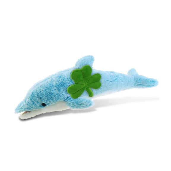 DolliBu Large Blue Dolphin Stuffed Animal with Green Plush Shamrock - Cute Green Shamrock Plush St Patricks Day Stuffed Animal Dolphin, Good Luck St Patricks Day Toys for Kids, Baby - 18 Inches