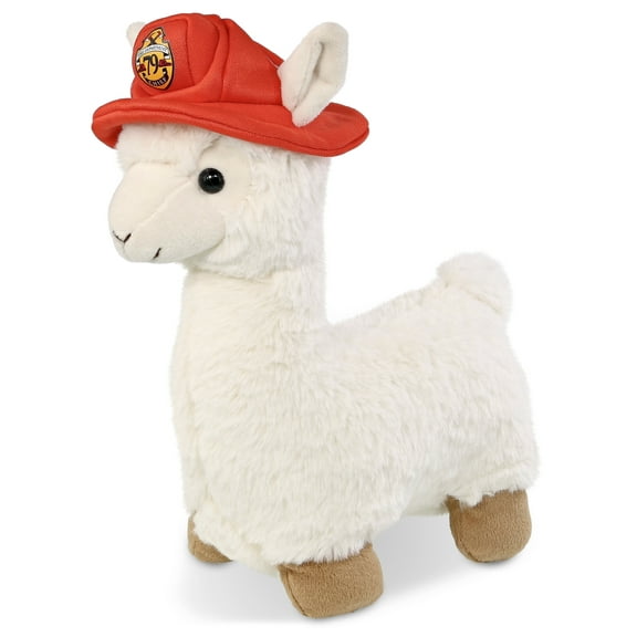 DolliBu Llama Firefighter Stuffed Animal - Super Soft White Llama Fireman Toy with Red Fireman Hat Outfit, Cute Farm Life Animal Fire Fighter Doll Plush Toy for Kids and Adults - 11 Inch