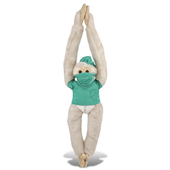 DolliBu Long Arm Hanging White Squirrel Monkey Doctor Plush Toy - Super Soft Monkey Doctor Stuffed Animal with Scrub Uniform and Cap Outfit - Fluffy Doctor Toy Plush Gift- 21 Inch