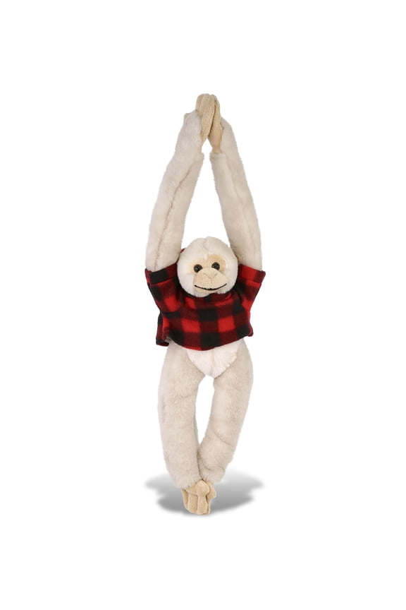 Long Arm Hanging White Squirrel Monkey Stuffed Animal with Plaid Red Hoodie Sweater - Cute Plush Lumberjack Stuffed Toy with Plaid Jacket Dress Up for Christmas, Holiday, Winter - 21 Inches