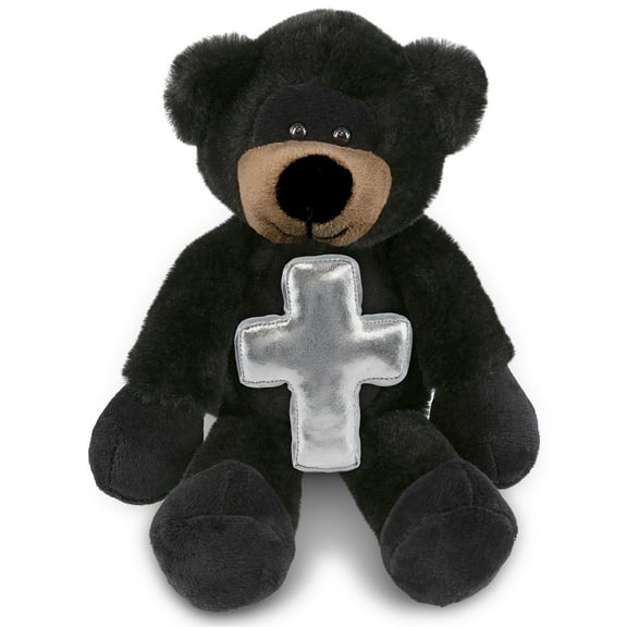 DolliBu Long Leg Black Bear Stuffed Animal with Silver Cross Plush - Religious Baptism Gift for Boys and Girls, Cute Baby Dedication Christening Plush Prayer Toy Healing Teddy Bear - 10.5 Inches