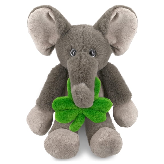 DolliBu Long Leg Black Elephant Stuffed Animal with Green Plush Shamrock, Green Shamrock Plush, Fun St Patricks Day Stuffed Animal Elephant, Good Luck St Patricks Day Toys for Kids, Baby - 10.5 Inches
