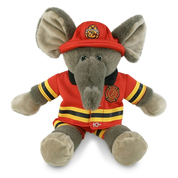 DolliBu Long Leg Elephant Firefighter Stuffed Animal - Elephant Fireman Toy with Red Fireman Costume Outfit and Fireman Hat, Wild Life Stuffed Animal Fire Fighter Doll Plush Toy for Kids - 10.5 Inch