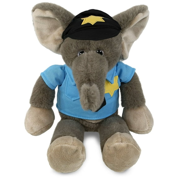 DolliBu Long Leg Elephant Police Officer Plush Toy  Super Soft Elephant Cop Stuffed Animal Dress Up Cop Uniform and Cap Outfit, Fluffy Elephant Policeman Toy Plush Gift for Kids  10.5 Inches