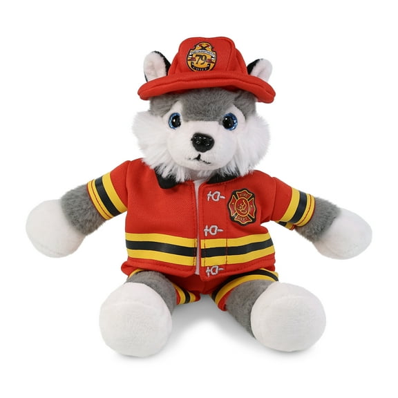 DolliBu Long Leg Husky Firefighter Stuffed Animal - Husky Fireman Toy with Red Fireman Costume Outfit and Fireman Hat, Cute Pet Life Stuffed Animal Fire Fighter Doll Plush Toy for Kids - 10.5 Inch