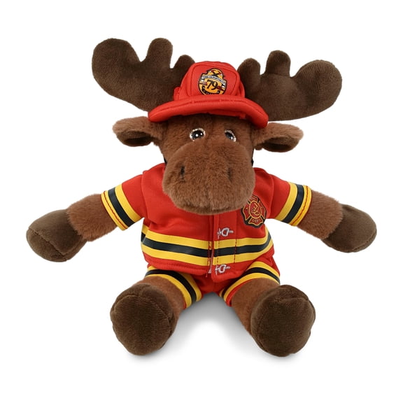 DolliBu Long Leg Moose Firefighter Stuffed Animal - Moose Fireman Toy with Red Fireman Costume Outfit and Fireman Hat, Cute Wild Life Stuffed Animal Fire Fighter Doll Plush Toy for Kids - 10.5 Inch