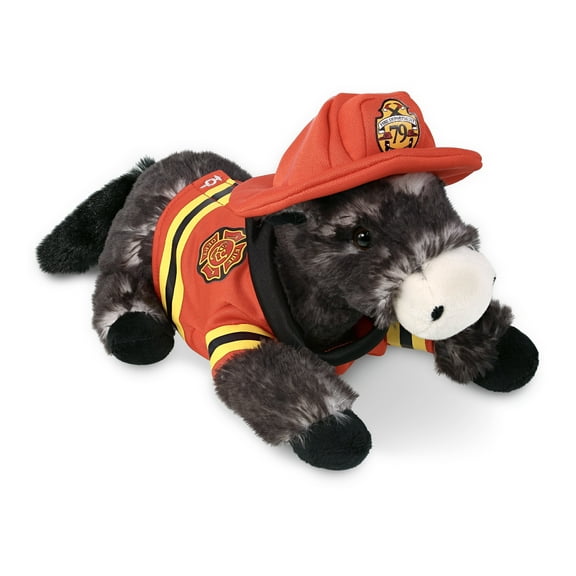 DolliBu Lying Black Horse Firefighter Stuffed Animal - Horse Fireman Toy with Red Fireman Costume Outfit and Fireman Hat, Cute Farm Life Stuffed Animal Fire Fighter Doll Plush Toy for Kids - 10.5 Inch
