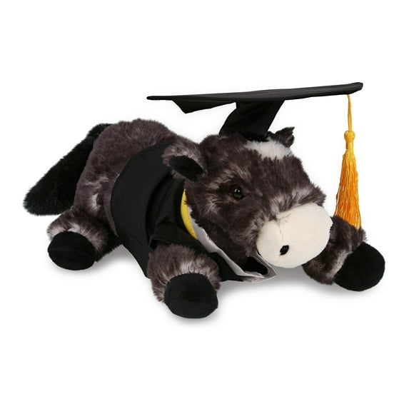 DolliBu Lying Black Horse Graduation Plush Toy - Soft Plush Graduation Stuffed Animal Dress Up with Gown and Cap with Tassel Outfit - Congratulatory Graduation Gift - 10.5 Inches