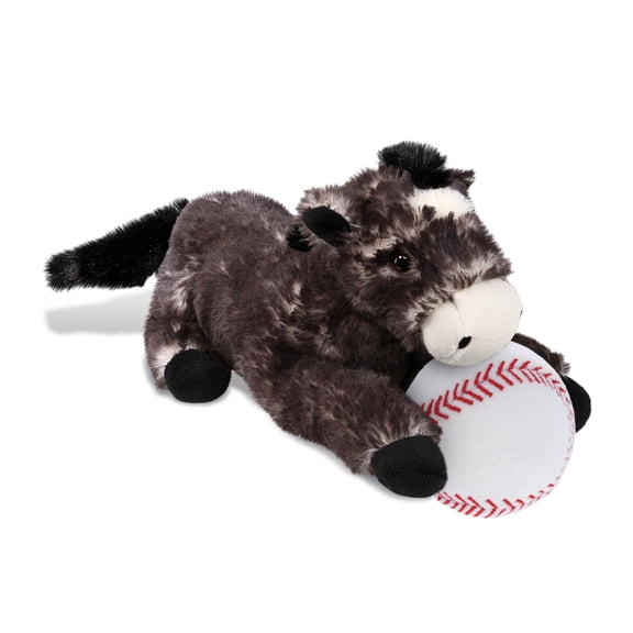 DolliBu Lying Black Horse Stuffed Animal with Baseball Plush - Huggable Horse, Great Gifts for Kids Who Love Baseball, Cute Farm Life Animal Plush with Plush Baseball Toy for Kids, Adults - 10.5 Inch