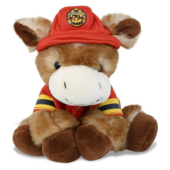 DolliBu Lying Brown Donkey Firefighter Stuffed Animal - Donkey Fireman Toy with Red Fireman Costume Outfit and Fireman Hat, Cute Farm Life Stuffed Animal Fire Fighter Doll Plush Toy for Kids - 9 Inch
