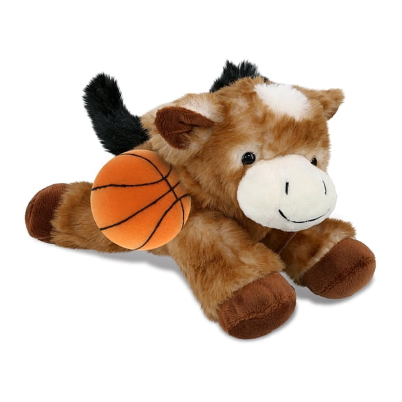 DolliBu Lying Brown Donkey Stuffed Animal with Basketball Plush Soft Huggable Donkey, Adorable Playtime Plush Toy, Cute Farm Life Gift Doll Animal Toy for Kids and Adults 9 Inch