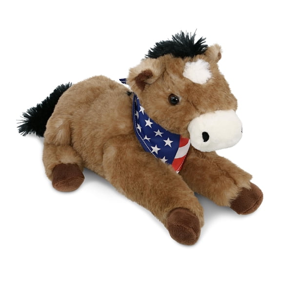 DolliBu Lying Brown Horse Plush with USA Flag Bandana - Super Soft United States of America Lying Brown Horse Patriotic Stuffed Animal - 10.5 Inches