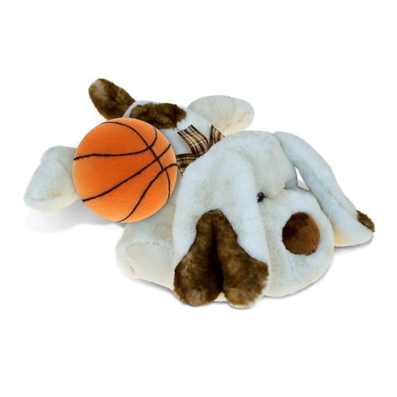 DolliBu Lying Dog Stuffed Animal with Basketball Plush Soft Huggable Dog, Adorable Playtime Plush Toy, Cute Pet Life Gift Doll Animal Toy for Kids and Adults 14 Inches