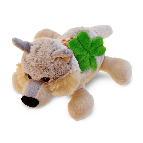 DolliBu Lying Gray Wolf Stuffed Animal with Green Plush Shamrock - Cute Green Shamrock Plush St Patricks Day Stuffed Animal Wolf, Good Luck St Patricks Day Toys for Kids, Baby - 9 Inches