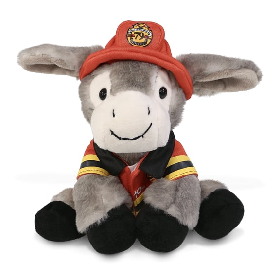 DolliBu Lying Grey Donkey Firefighter Stuffed Animal - Donkey Fireman Toy with Red Fireman Costume Outfit and Fireman Hat, Cute Farm Life Stuffed Animal Fire Fighter Doll Plush Toy for Kids - 9 Inch
