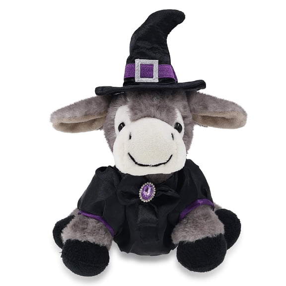 DolliBu Lying Grey Donkey Stuffed Animal with Witch Costume - Cute Farm Life Animal with Black Cloak and Witch Hat Outfit - Spooky Halloween Plush Toy for Kids - 5 Inches