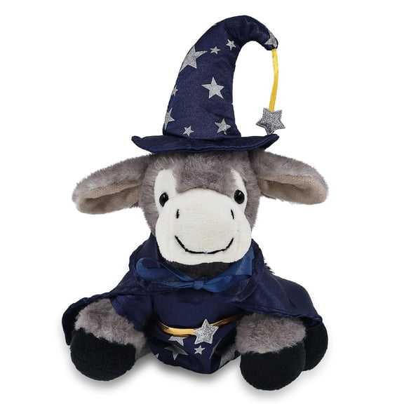 DolliBu Lying Grey Donkey Stuffed Animal with Wizard Costume - Cute Farm Life Plush Toy with Magical Dress Up Set Blue Cape and Wizard Hat with Silver Stars - 9 Inches