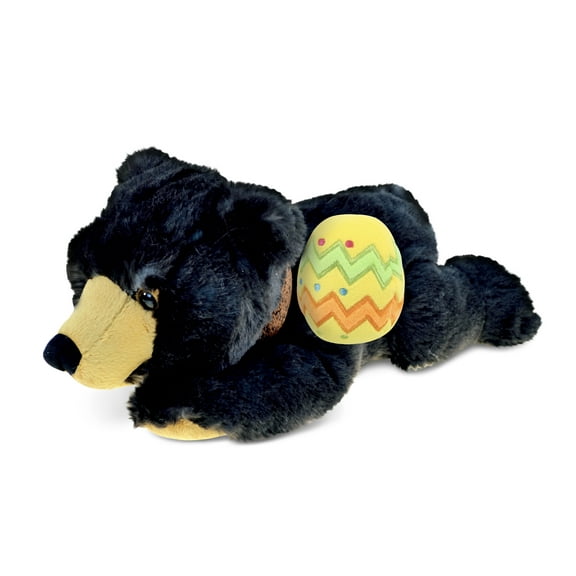 DolliBu Lying Wild Black Bear with Yellow Easter Egg Plush - Perfect Bear Stuffed Animals for Easter Basket, Cute Easter Egg Stuffed Animal Spring Toys for Girls, Boys, and Babies - 10 Inches