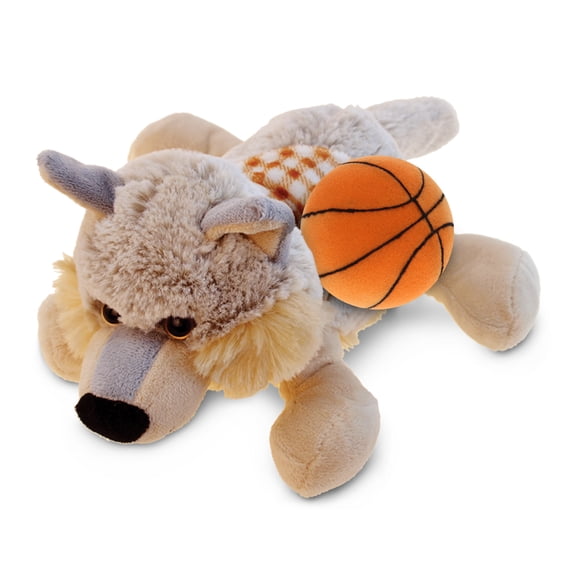 DolliBu Lying Wolf Stuffed Animal with Basketball Plush - Soft Huggable Wolf, Adorable Playtime Plush Toy, Cute Wildlife Gift, Plush Doll Animal Toy for Kids and Adults - 9 Inches